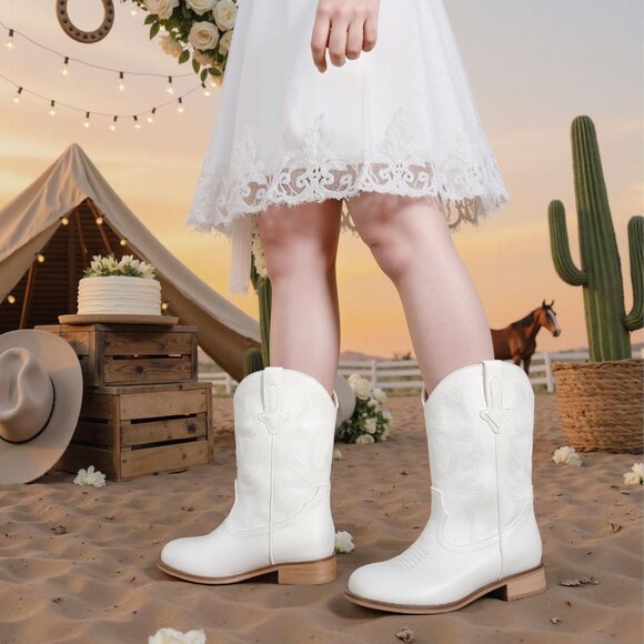 Unisex Child White Mid Calf Glitter Toddler Cowboy Boot Little Big Kids Western - Picture 2 of 7